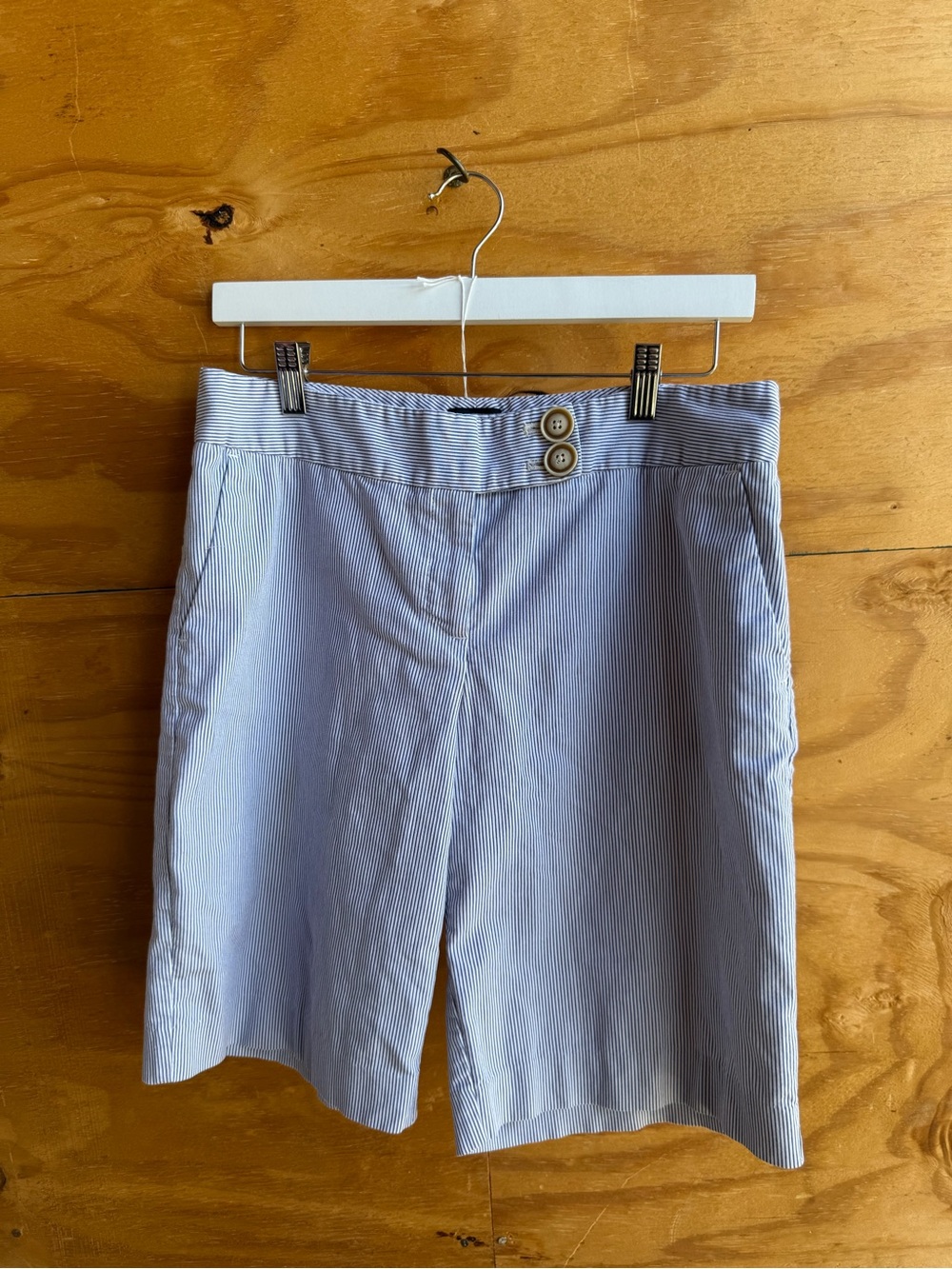 attention Blue Pinstripe Bermuda Shorts with Double Button Waist